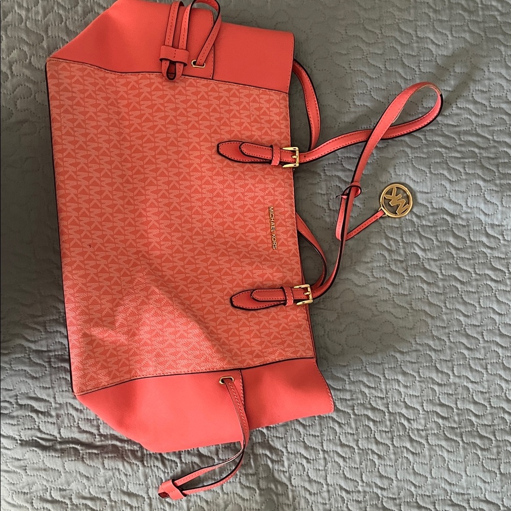 Michael Kors Coral Pink Signature Tote with Gold Logo Charm